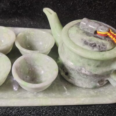 糯冰种飘花缅甸翡翠A货茶壶一套  (Burmese Type A Jadeite Teapot Set – “Glutinous Ice” Variety with Floating Green)