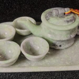 糯冰种飘花缅甸翡翠A货茶壶一套  (Burmese Type A Jadeite Teapot Set – “Glutinous Ice” Variety with Floating Green)